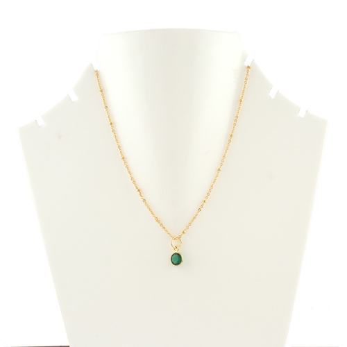 Female Fashion Jewelry Tiny Round Emerald Quartz Bezel Set Pendant Necklace Gold Plated Beaded Chain Birthstone Quartz Necklace