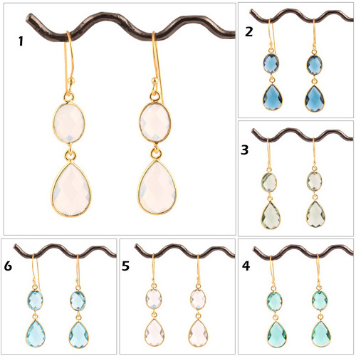 Wholesale fine jewelry two stone clear quartz non tarnish bezel setting earring brass gold plated earring drop dangle earrings