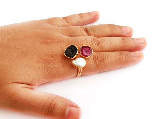 Three stone statement ring natural pearl & geode druzy gold electroplated open adjustable rings double layer stackable rings