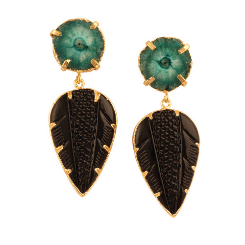 Newest collection natural solar quartz & black quartz leaf carving stud dangle earring classy gold plated carving dangle earring