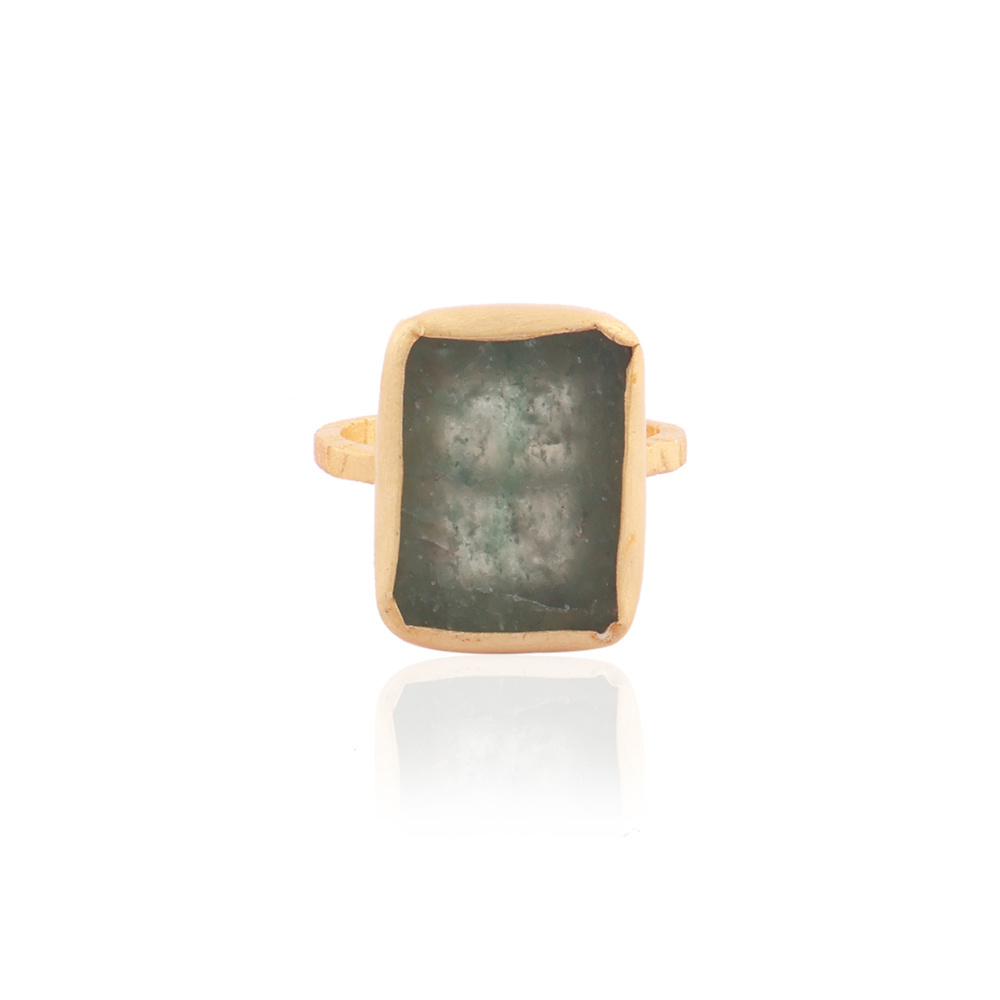 Rectangle customized gemstone ring natural large size green strawberry quartz designer band ring dull gold plated flexible rings