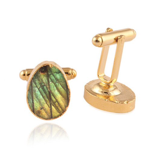 New style luxury fashion gold plated natural labradorite gemstone cufflink promotional gift shirt cufflink and tie clip for men