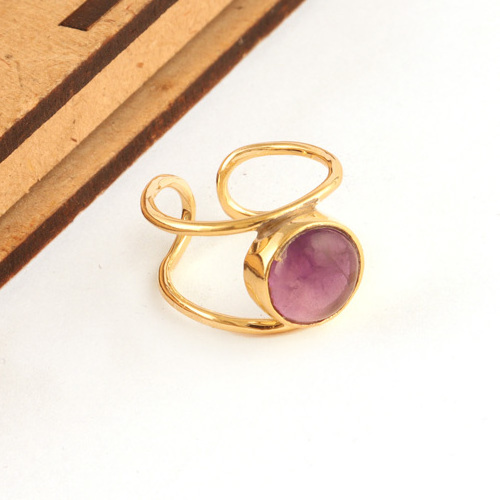 Wholesale collection natural purple amethyst ring 18k gold plated double band layer designer ring round cabochon adjustable ring