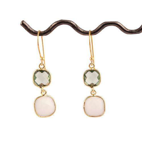 Cushion shape green amethyst quartz & white agate bezel earring alloy gold plated earring double stone drop dangle earrings