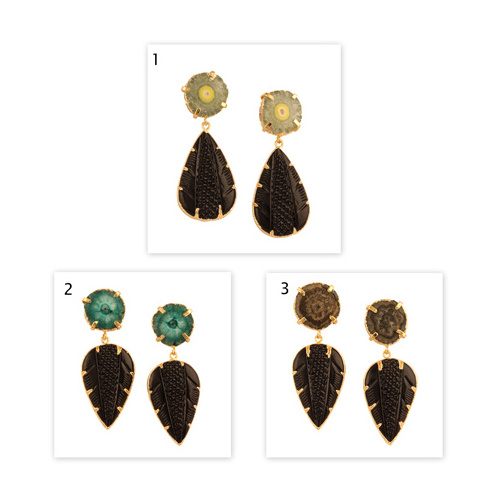 Newest collection natural solar quartz & black quartz leaf carving stud dangle earring classy gold plated carving dangle earring