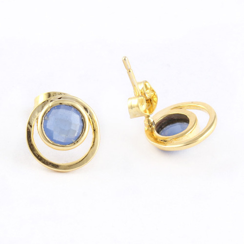 Trendy Selling Tiny Round Blue Chalcedony Statement Earrings 24k Gold Plated Push Back Stud Earrings Pasty Wear Western Earrings