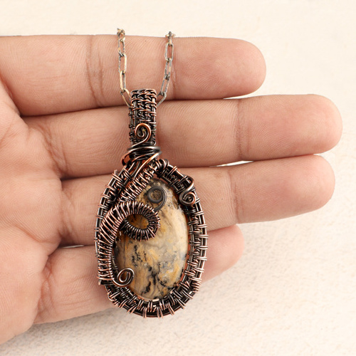 Natural honey dendrite opal oval gemstone pendant necklace copper wire wrapped paperclip chain necklace jewelry gift for women