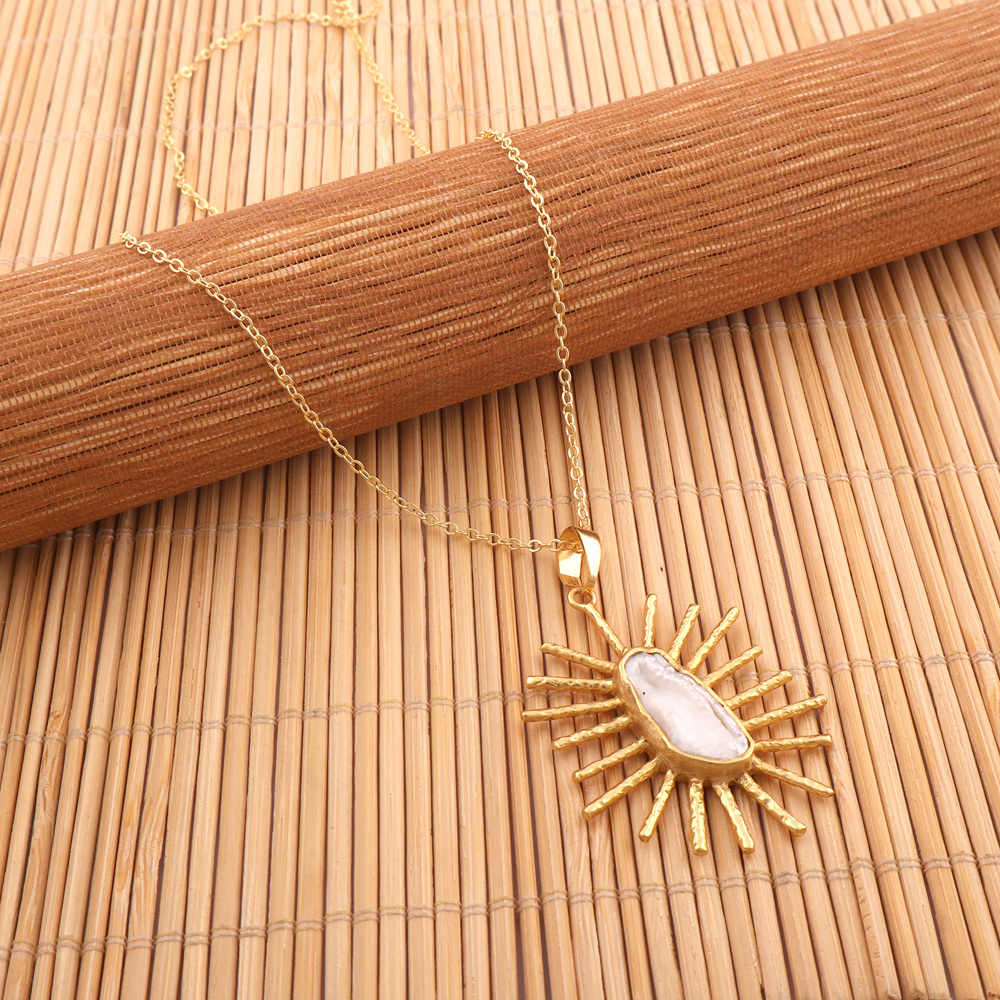 Bridesmaid jewelry natural keshi pearl sunrise pendant solid brass 18k gold plated designer fashion jewelry cable chain necklace