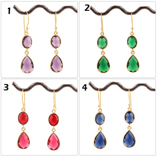 Wholesale fine jewelry two stone clear quartz non tarnish bezel setting earring brass gold plated earring drop dangle earrings