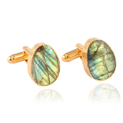 New style luxury fashion gold plated natural labradorite gemstone cufflink promotional gift shirt cufflink and tie clip for men