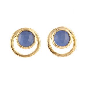 Trendy Selling Tiny Round Blue Chalcedony Statement Earrings 24k Gold Plated Push Back Stud Earrings Pasty Wear Western Earrings