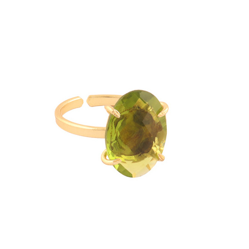 Affordable price jewelry oval shape peridot quartz gemstone ring 24k gold plated prong setting open adjustable ring jewelry gift