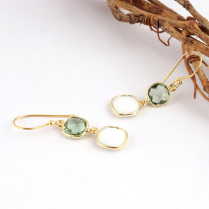 Cushion shape green amethyst quartz & white agate bezel earring alloy gold plated earring double stone drop dangle earrings