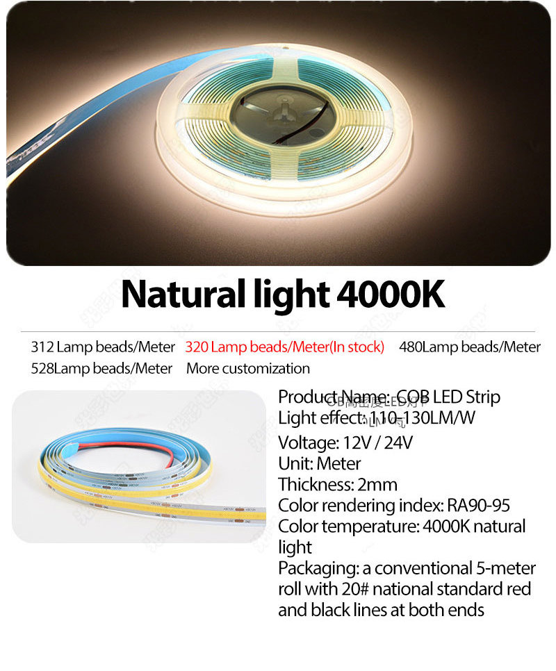 high quality 12v 24v 10mm CRI90  COB LED Strip 480LEDs CE RoHS  4500K Nature White COB LED Strip for Mirror Lighting