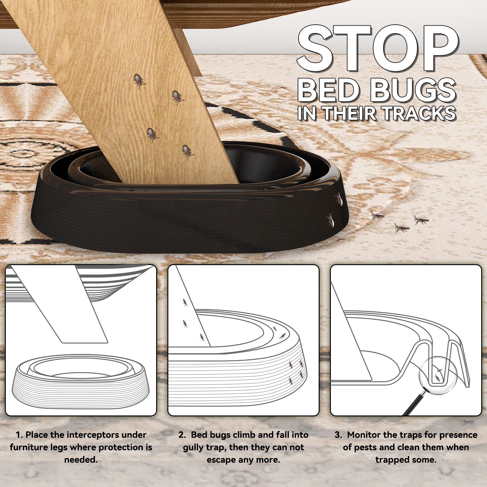 12 Pcs Amazon Hot Selling Bed Bug Interceptor, Over-coated BedBug Trap with Anti Skid Pads, Bed Bug Traps for Bed Legs