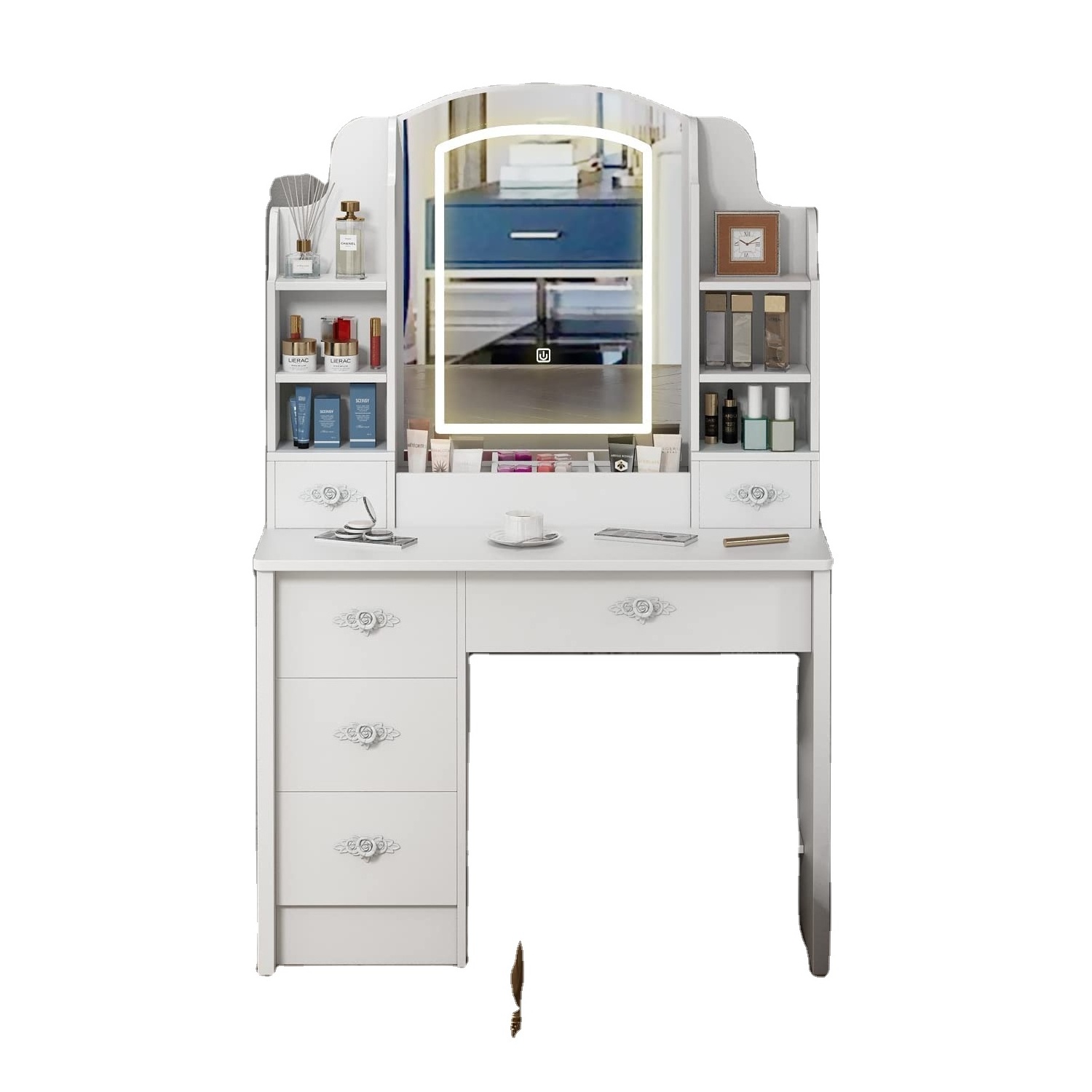 Dressing Table with Lighted Mirror with 3 Colors Light Options Adjustable Brightness Dresser Table 6 Storage Shelves