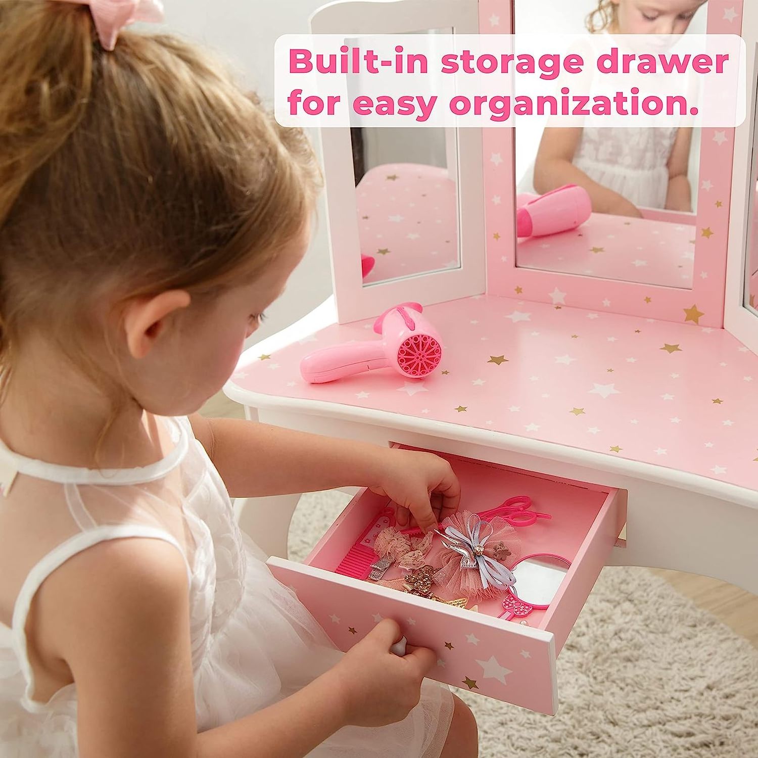 Kids Pretend Play Kids Vanity, Table & Chair Vanity Set with Mirror, Girls Makeup Dressing Table with Storage Drawer