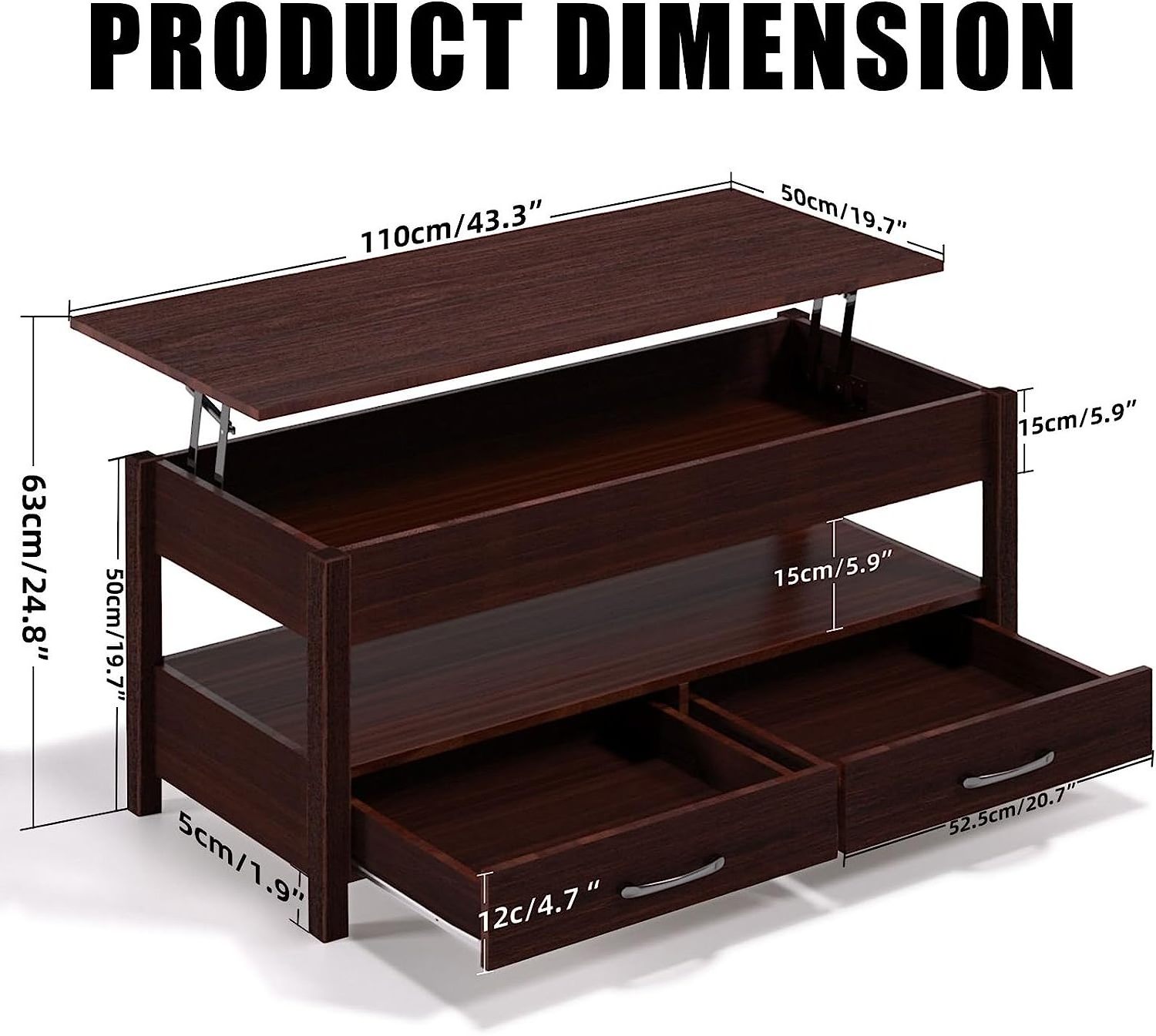 Lift Top Coffee Table for Living Room with Hidden Storage Compartment 2 Drawers and Shelf Large Convertible Coffee Table