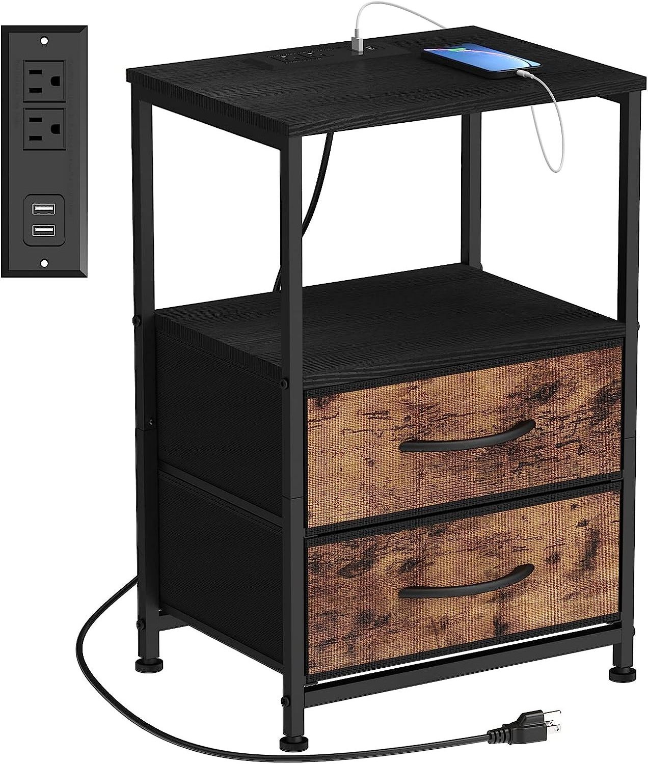 Nightstand with Charging Station Side Table with USB Ports and Power Outlets Industrial 2 Tier Nightstand with 2 Drawers