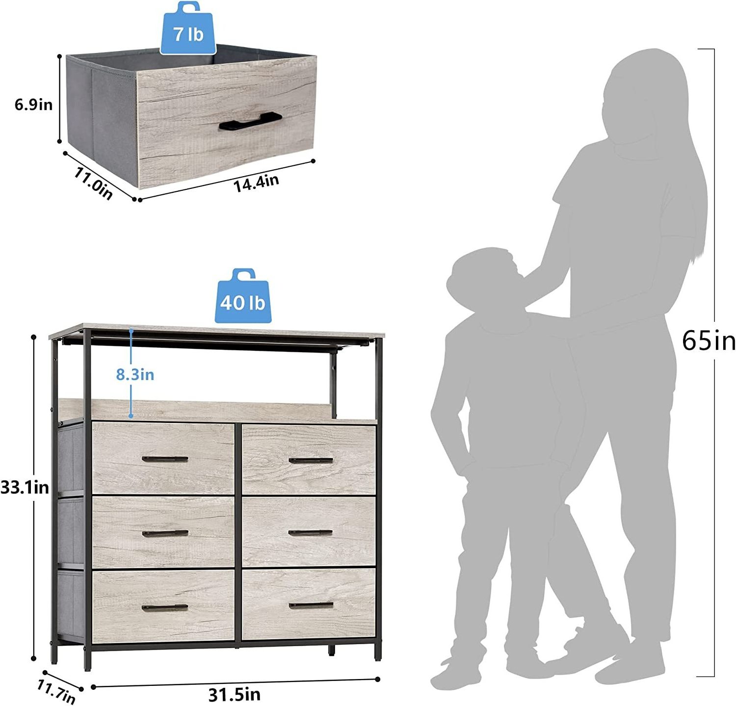 Dresser for Bedroom 6 Drawer Dresser with Shelves for Kids Room, Living Room TV Stand Steel Frame Wooden Top Fabric Drawers