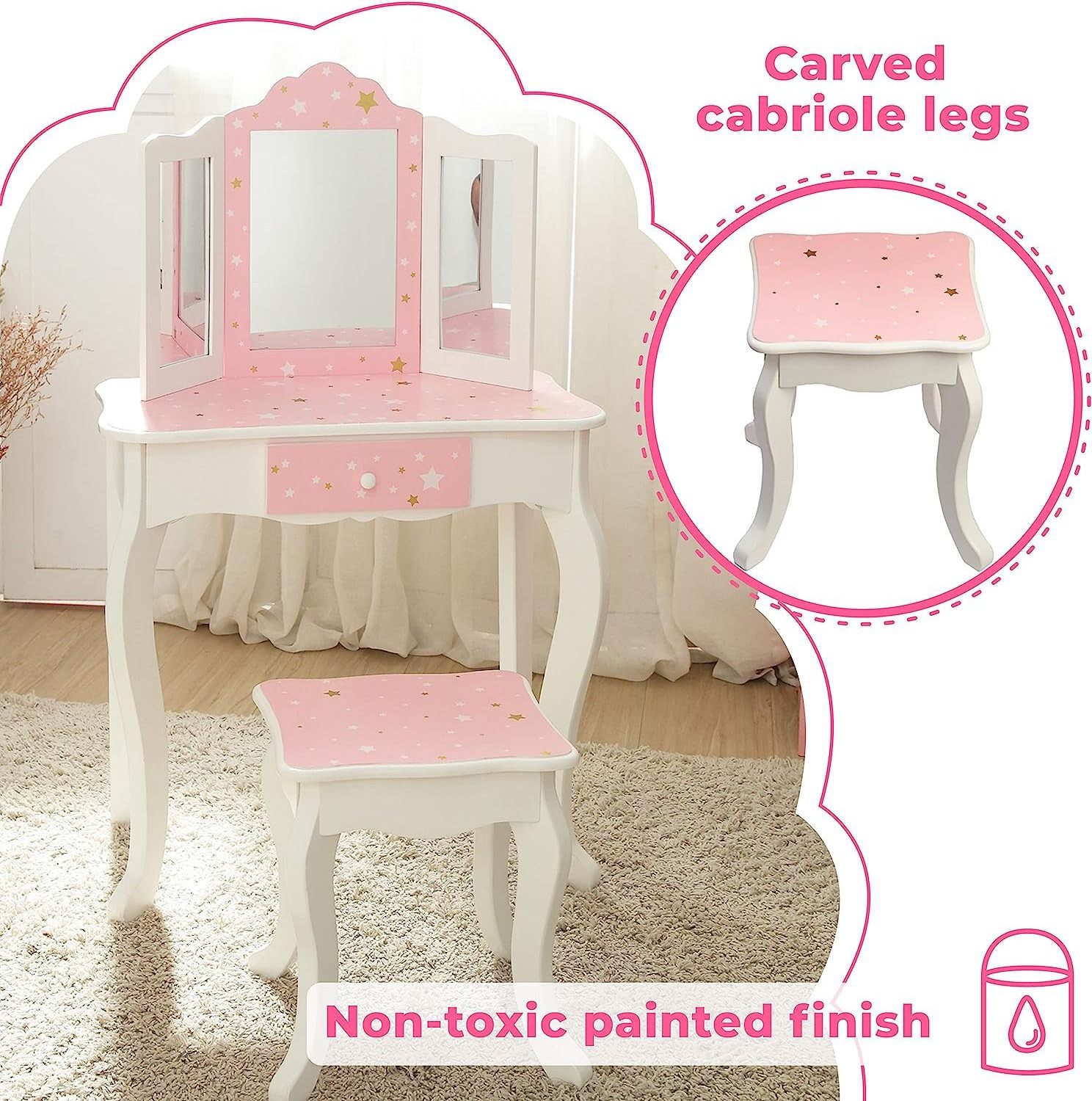 Kids Pretend Play Kids Vanity, Table & Chair Vanity Set with Mirror, Girls Makeup Dressing Table with Storage Drawer