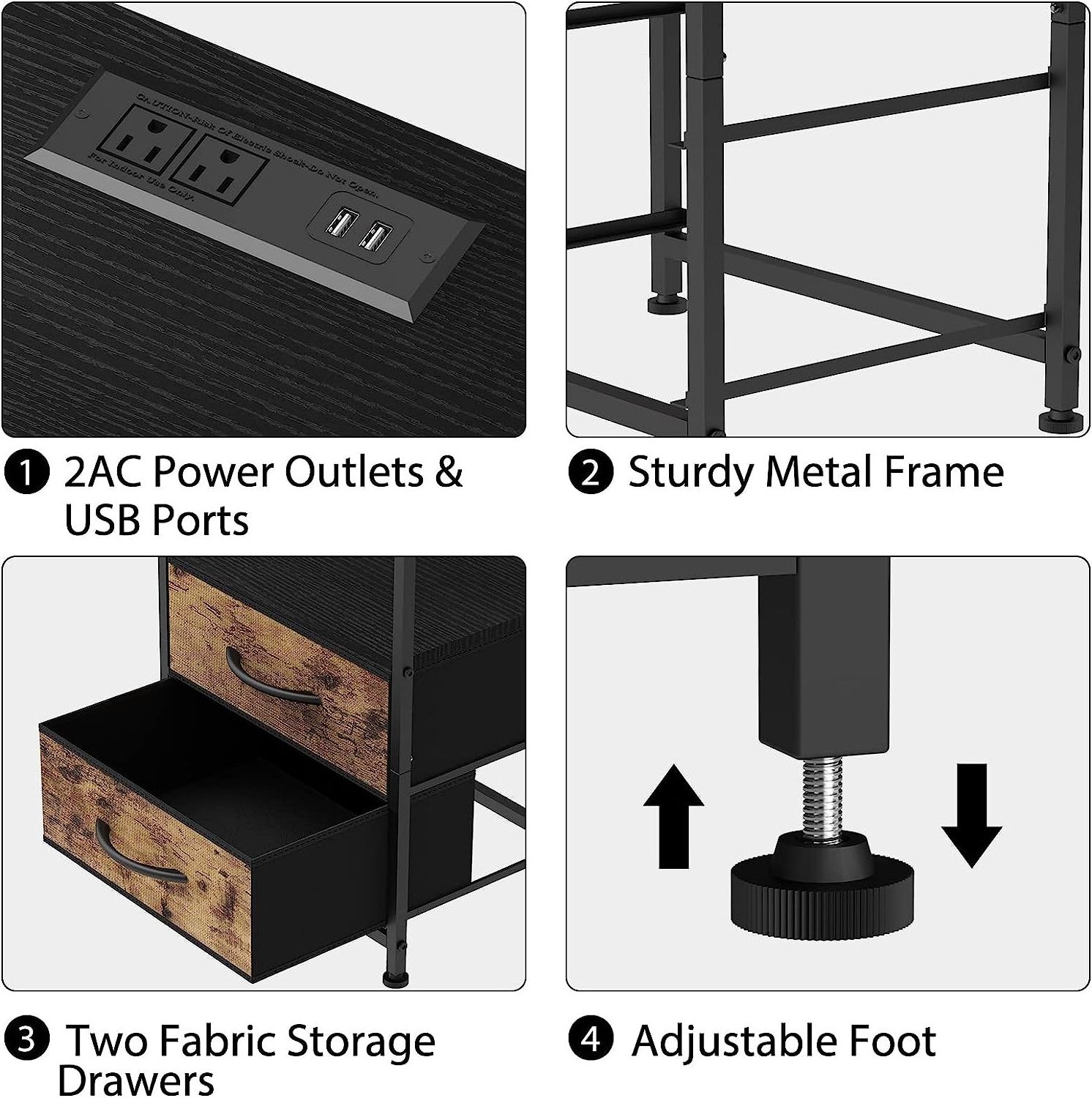 Nightstand with Charging Station Side Table with USB Ports and Power Outlets Industrial 2 Tier Nightstand with 2 Drawers