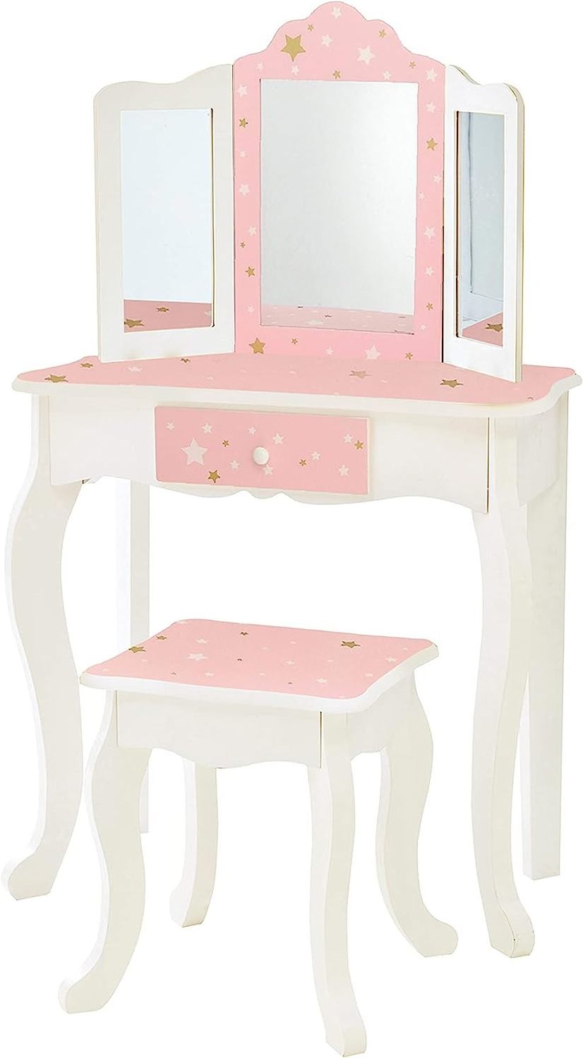 Kids Pretend Play Kids Vanity, Table & Chair Vanity Set with Mirror, Girls Makeup Dressing Table with Storage Drawer