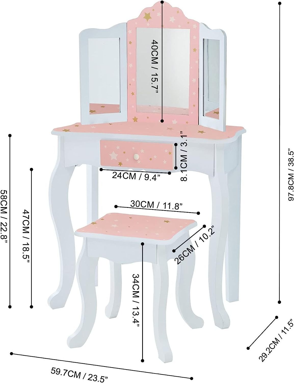 Kids Pretend Play Kids Vanity, Table & Chair Vanity Set with Mirror, Girls Makeup Dressing Table with Storage Drawer