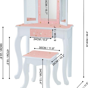 Kids Pretend Play Kids Vanity, Table & Chair Vanity Set with Mirror, Girls Makeup Dressing Table with Storage Drawer