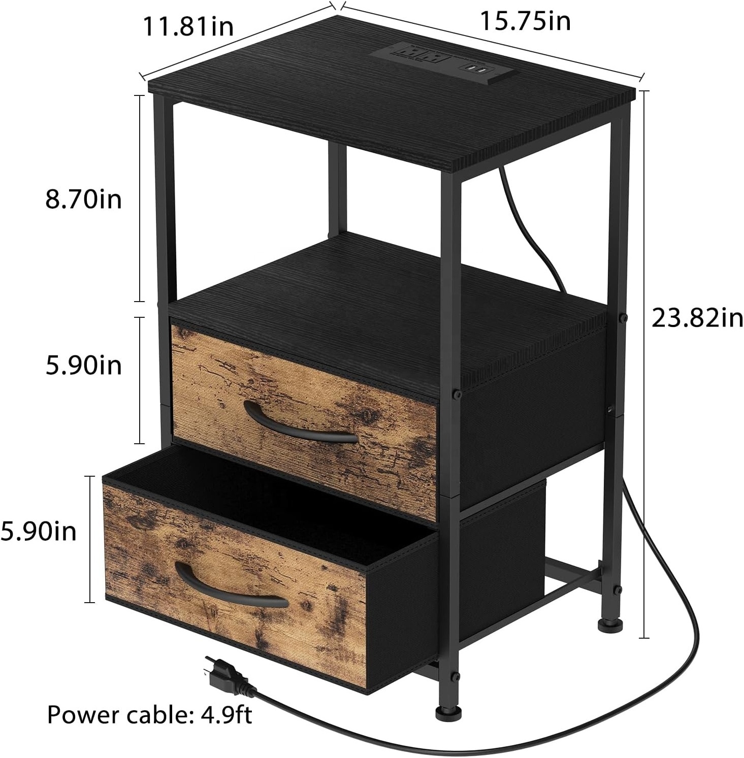 Nightstand with Charging Station Side Table with USB Ports and Power Outlets Industrial 2 Tier Nightstand with 2 Drawers