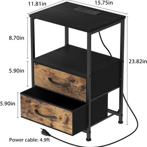 Nightstand with Charging Station Side Table with USB Ports and Power Outlets Industrial 2 Tier Nightstand with 2 Drawers