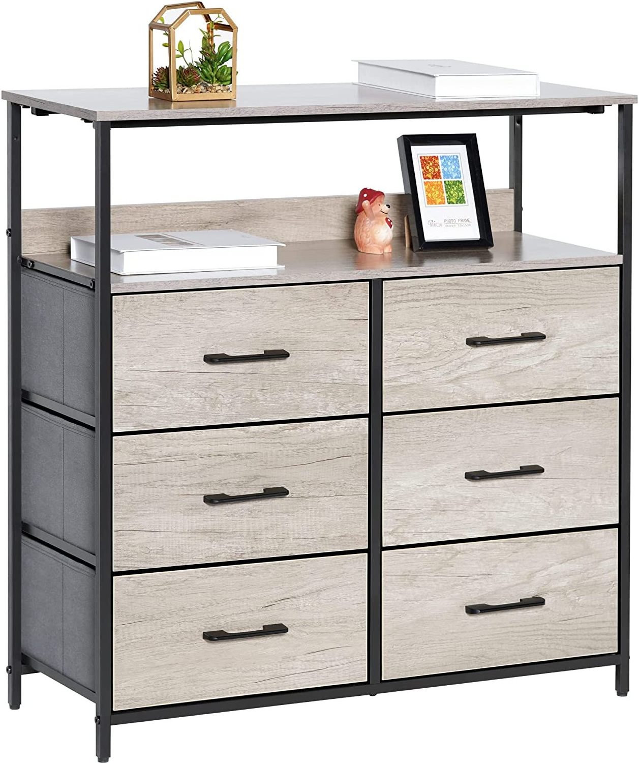 Dresser for Bedroom 6 Drawer Dresser with Shelves for Kids Room, Living Room TV Stand Steel Frame Wooden Top Fabric Drawers