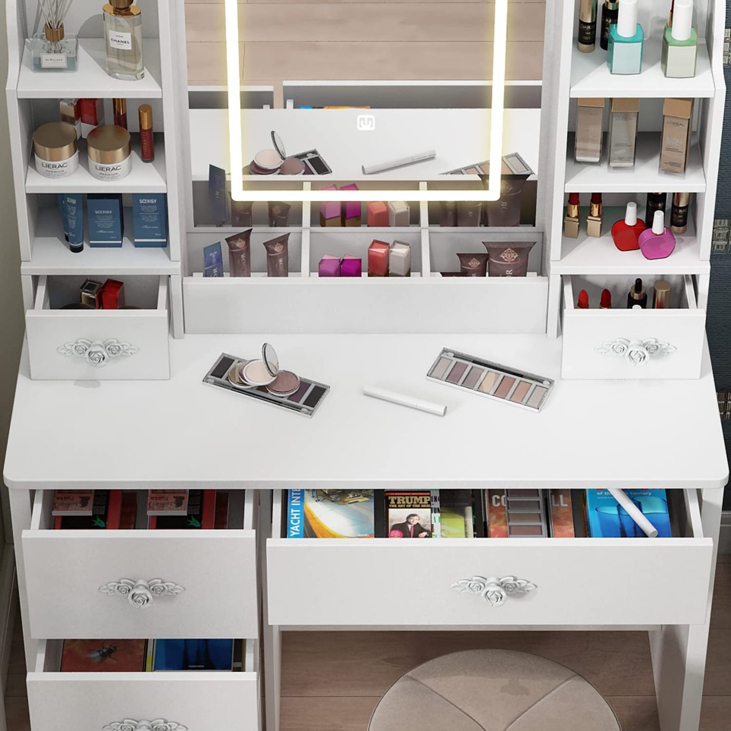 Dressing Table with Lighted Mirror with 3 Colors Light Options Adjustable Brightness Dresser Table 6 Storage Shelves