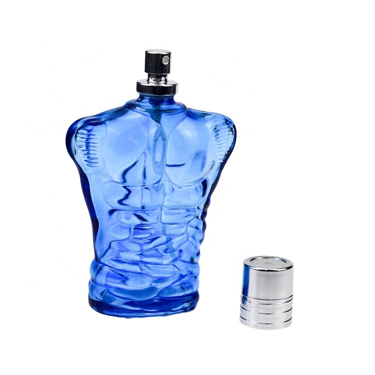 Factory Sale100ml Blue Powerful Muscle Man Body Shaped glass perfume bottle