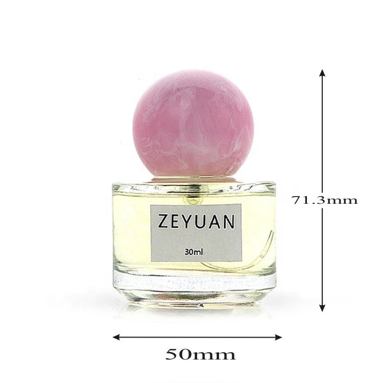 Low MOQ 30ml Perfume Glass Bottle With Pink Ball Shape Resin Cap Small Round Perfume Bottle