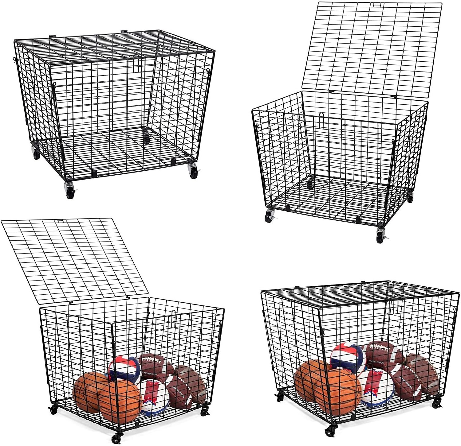 Heavy Duty Casters - Lid - Sports Lockable Ball Storage Locker Ball Cage for Garage Storage Garage Organizer