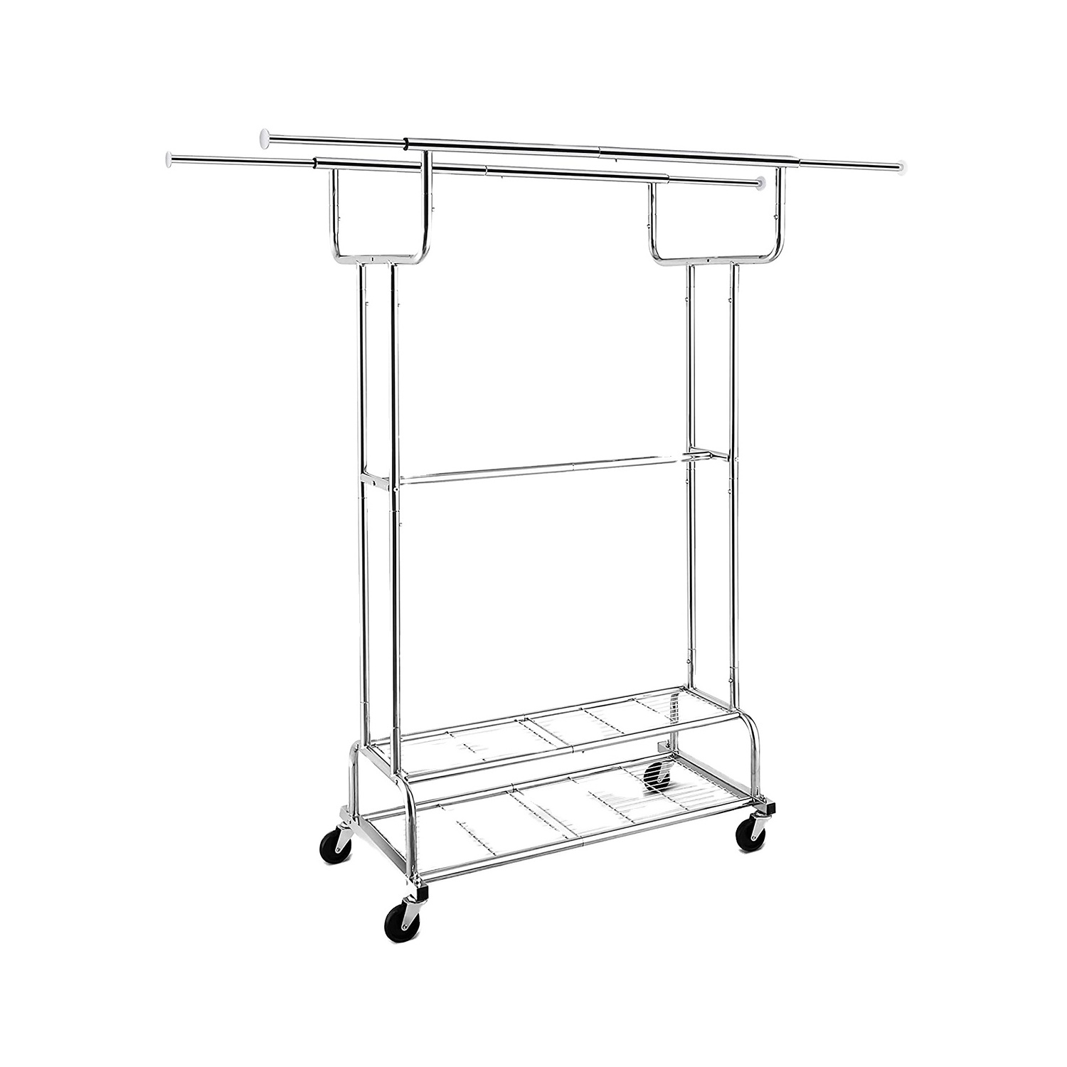 Simple Double Rail Clothes Garment Rack, Heavy Duty Commercial Grade Clothing Rolling Rack on Wheels and Bottom Shelves, Chrome