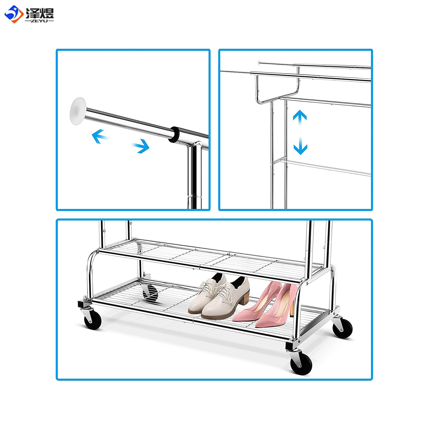 Simple Double Rail Clothes Garment Rack, Heavy Duty Commercial Grade Clothing Rolling Rack on Wheels and Bottom Shelves, Chrome