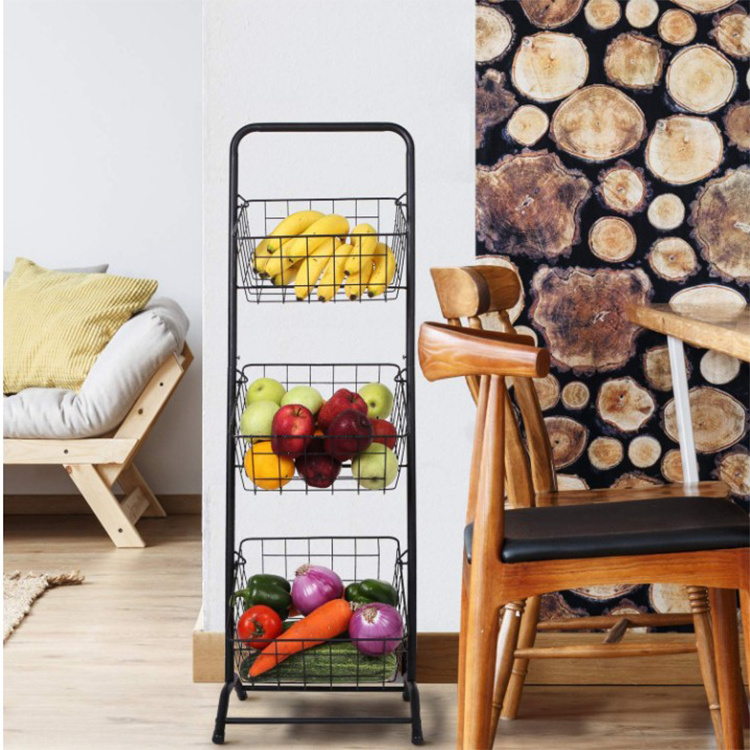 Customized 3-Tier Metallic Wire Metal Market Basket Stand  For Fruit And  Vegetable