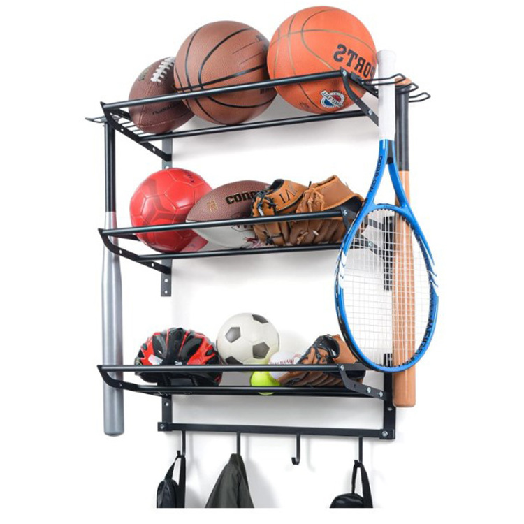 Garage Sports Equipment Storage Rack with 3 Separate Shelf Ball Rack Sport Equipment Organizer with 4 Hooks for Badminton Racket