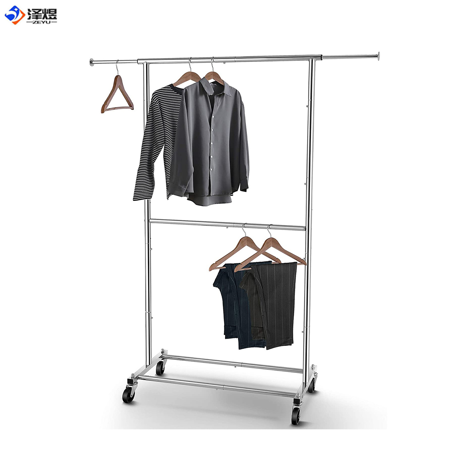 Simple Double Rod Clothing Garment Rack, Rolling Clothes Organizer on Wheels for Hanging Clothes, Chrome