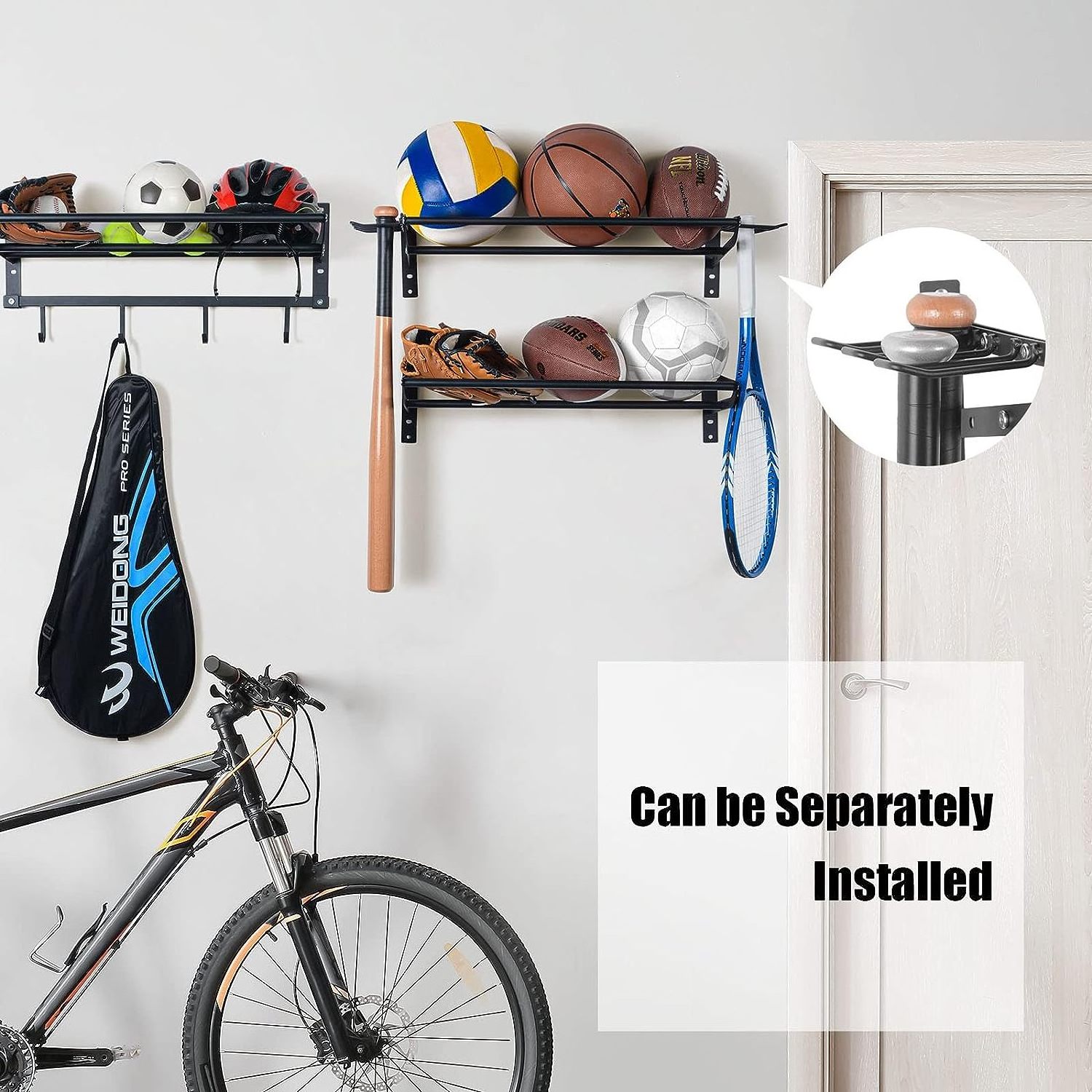 Garage Sports Equipment Storage Rack with 3 Separate Shelf Ball Rack Sport Equipment Organizer with 4 Hooks for Badminton Racket