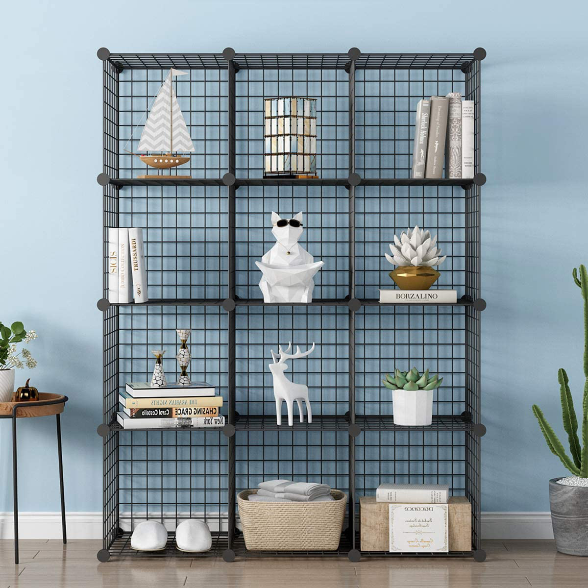 Wire Cube Storage, Metal Grid Organizer, Stackable Bookcase, Ideal for Living Room, Bedroom Office, Garage