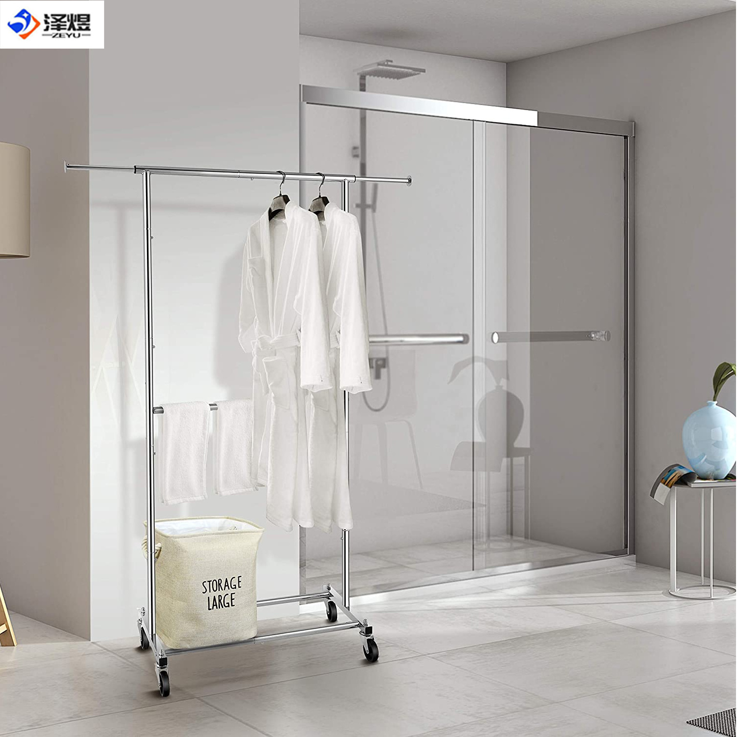 Simple Double Rod Clothing Garment Rack, Rolling Clothes Organizer on Wheels for Hanging Clothes, Chrome