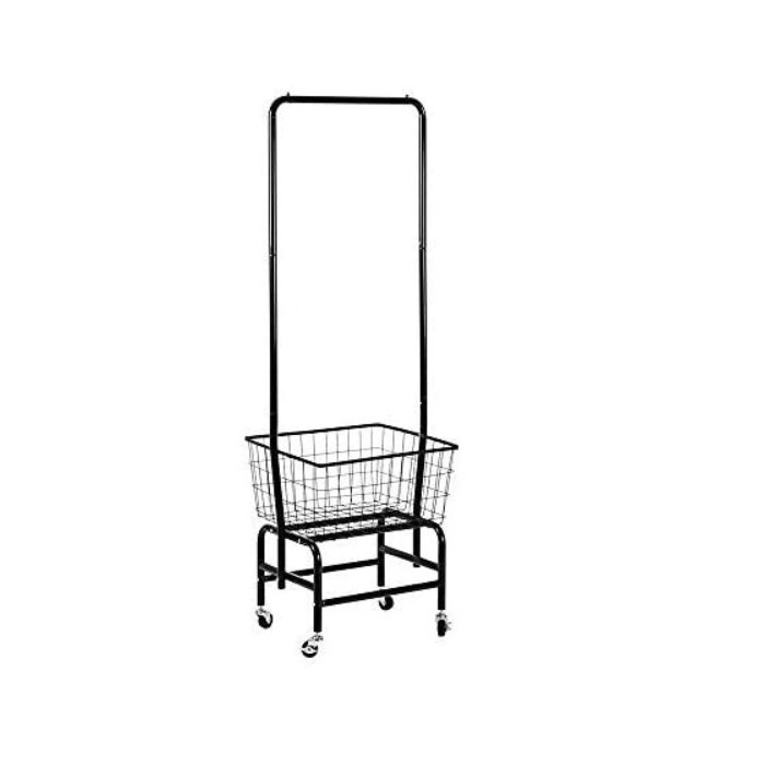 Black Laundry Hamper Basket Butler Cart Commercial Laundry Cart Rolling Wheels with Hanging Rack