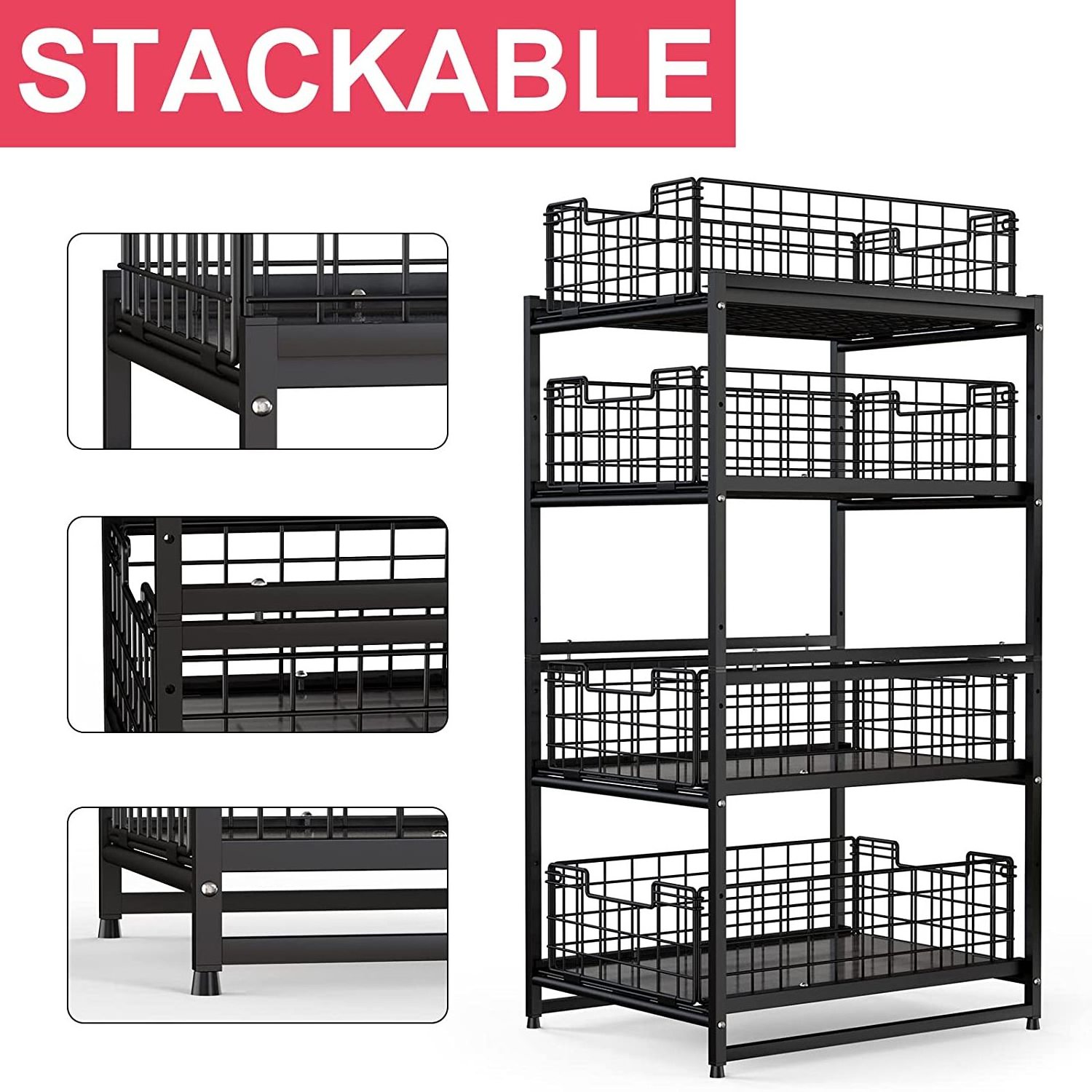 Under Kitchen Cabinet Sink Organizer and Storage with Sliding Drawer, 2 Tier Stackable Basket Rack for Kitchen & Bathroom, Black