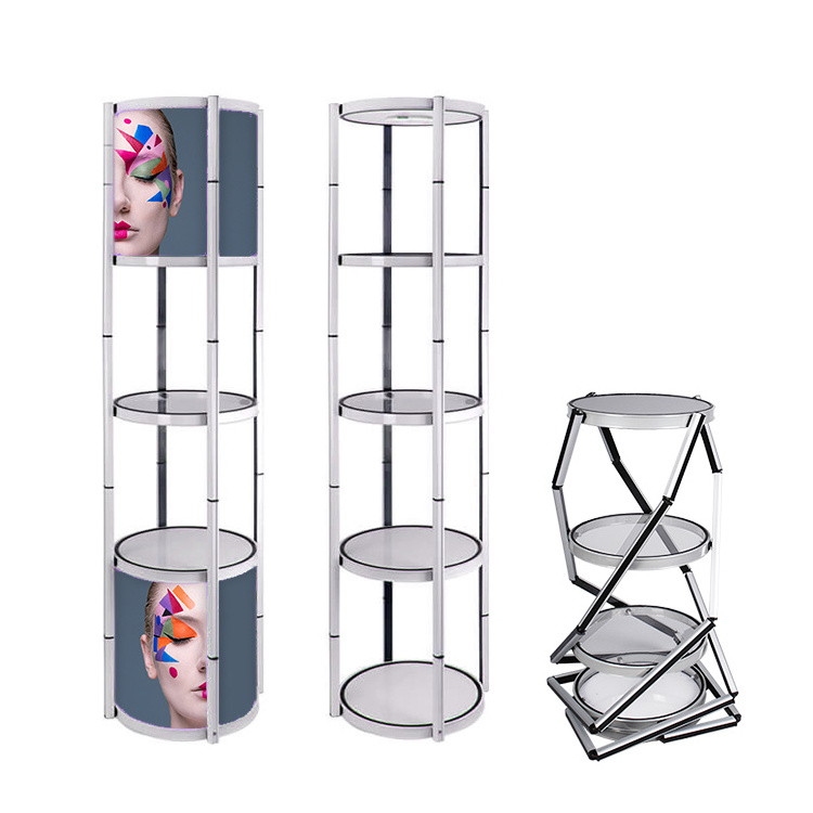 Round or Square Shape Folding Free Standing LED lighting Trade Show Exhibit Spiral Twist Tower Display Racks