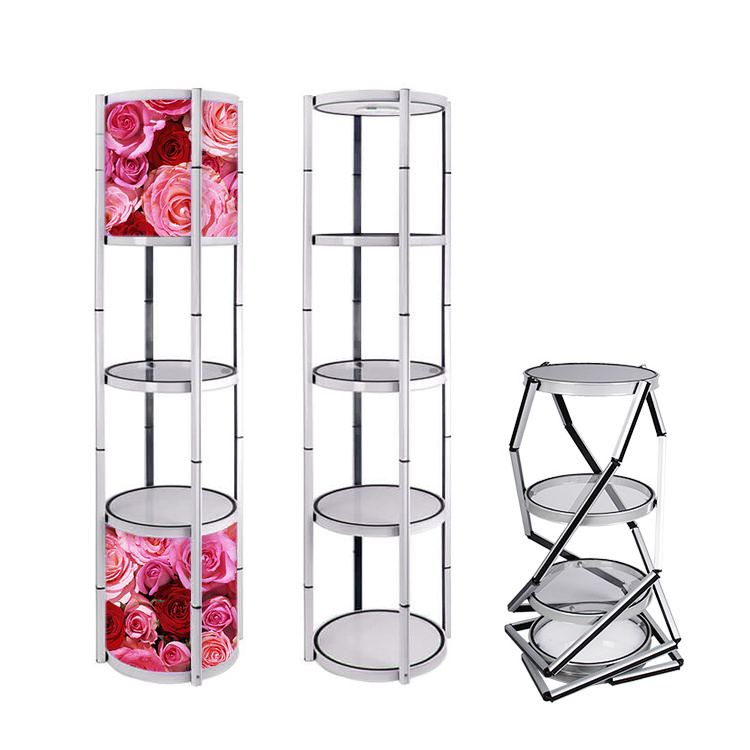 Promotional Cosmetic Display Stand Counter Showcase Pop Up Twister Tower with LED Light for Advertising Exhibition