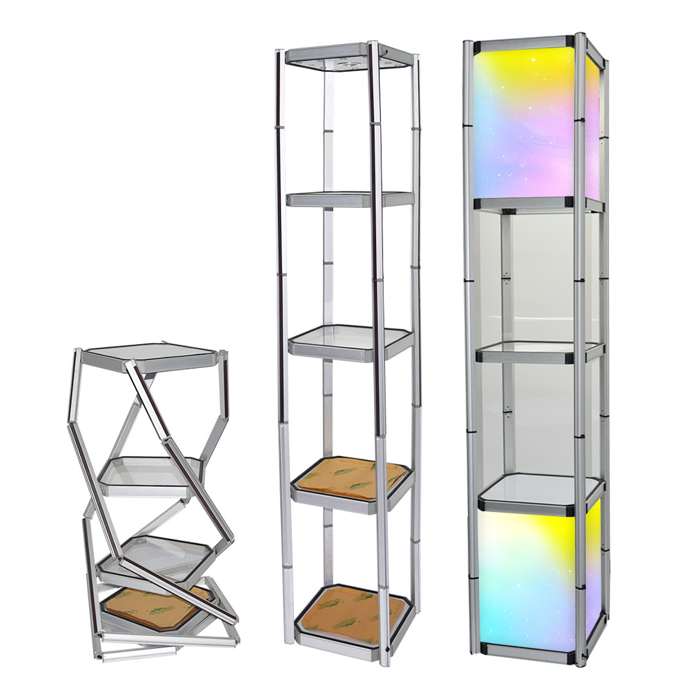 Round or Square Shape Folding Free Standing LED lighting Trade Show Exhibit Spiral Twist Tower Display Racks