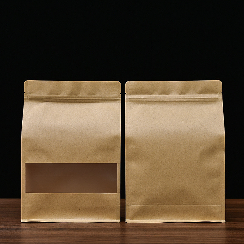 Wholesale Flat Bottom Food Kraft Paper Bag With Window Custom Smell Proof Reusable Stand Up Pouch For Dry Food Packaging